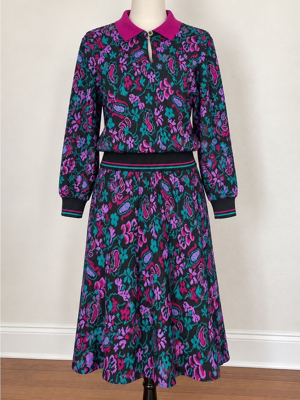 Vintage 80s Cricket Lane Floral Knit Skirt Set M S USA